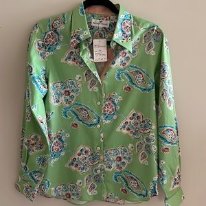NWT Andrea Becker Sz S green Floral Print 100% cotton Long Sleeve blouse